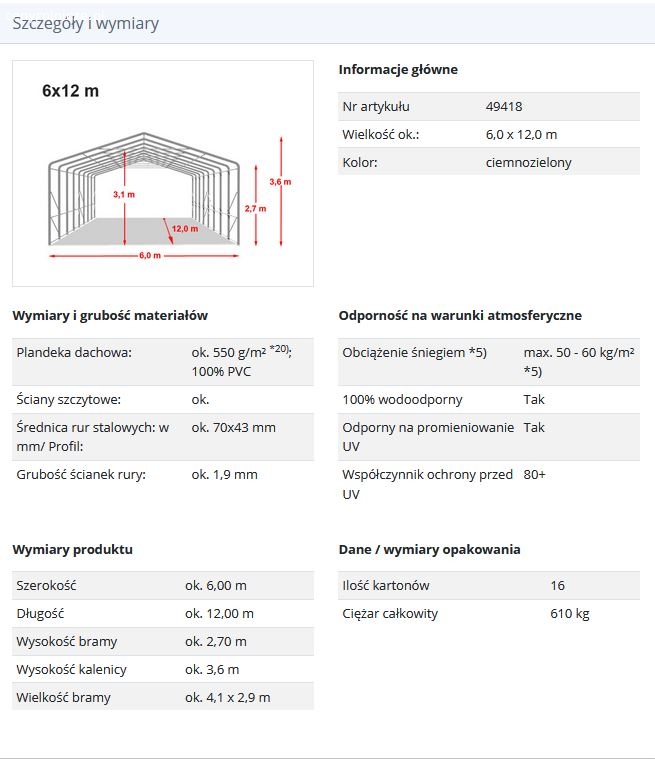 6x12m Hala namiotowa - 2,7 m wysokość ścian bocznych z 4,1x2,9m brama, PVC ciemnozielony 